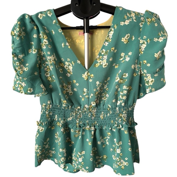 Rabbit Rose Tops - Floral Cottagecore Bluish Turquoise Blouse with Ruffle Sleeves, Size Medium